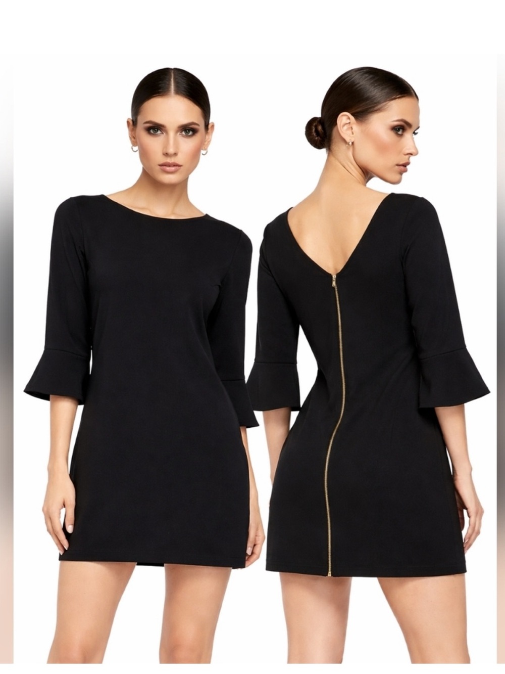 Cooper & Ella Black Bell-Sleeve Shift Dress with Back Gold Zip